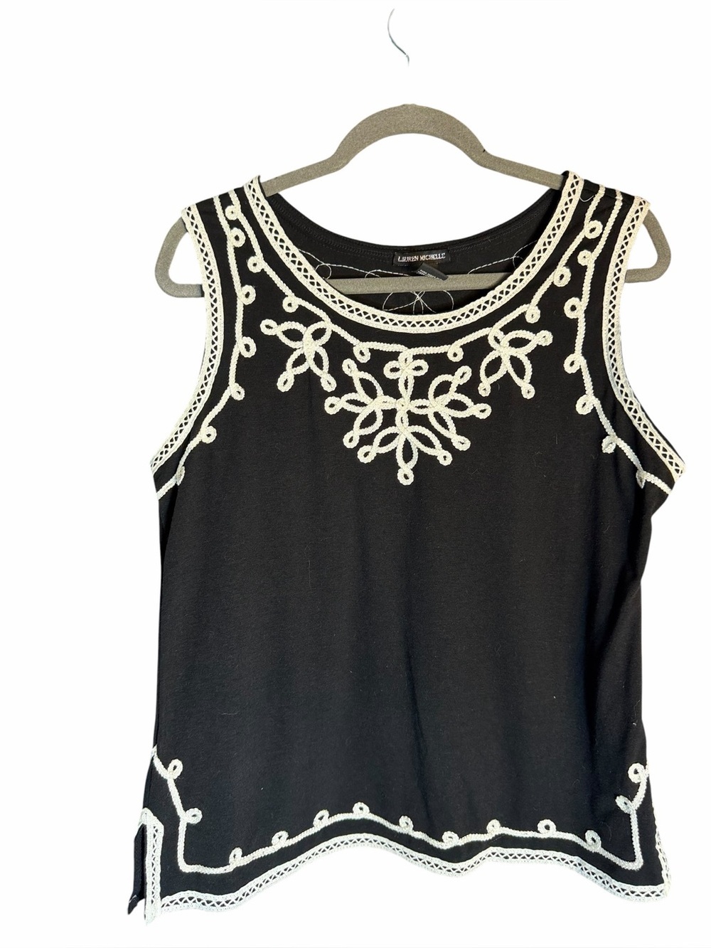 Lauren Michelle Black Sleeveless Tank with White Embroidery